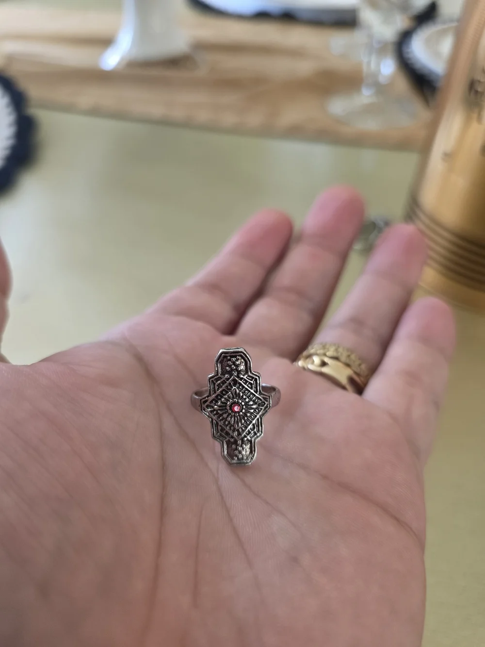 Silver-Color Filigree Ring with Red Accent Stone